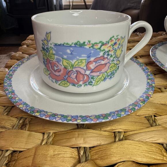 ALPAC Vintage Porcelain Large Cups And Saucers With Floral & Water Depiction - Picture 10 of 11